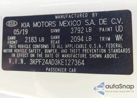 2019 Kia Forte Lxs из США, поврежденный, VIN 3KPF24AD3KE127364